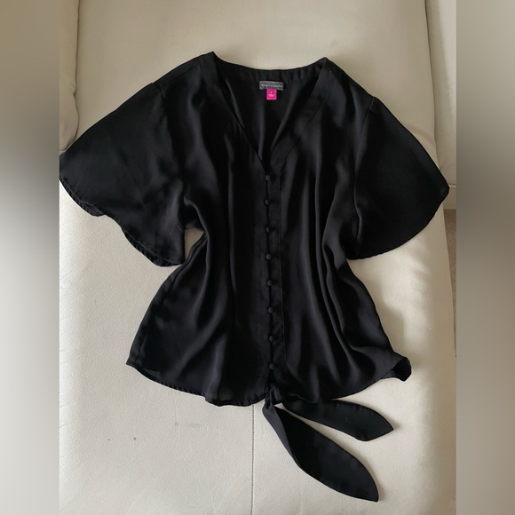 Vince Camuto Tops - Vince Camuto Blouse Size M Black Summer Flutter Sleeve V Neck Button Up